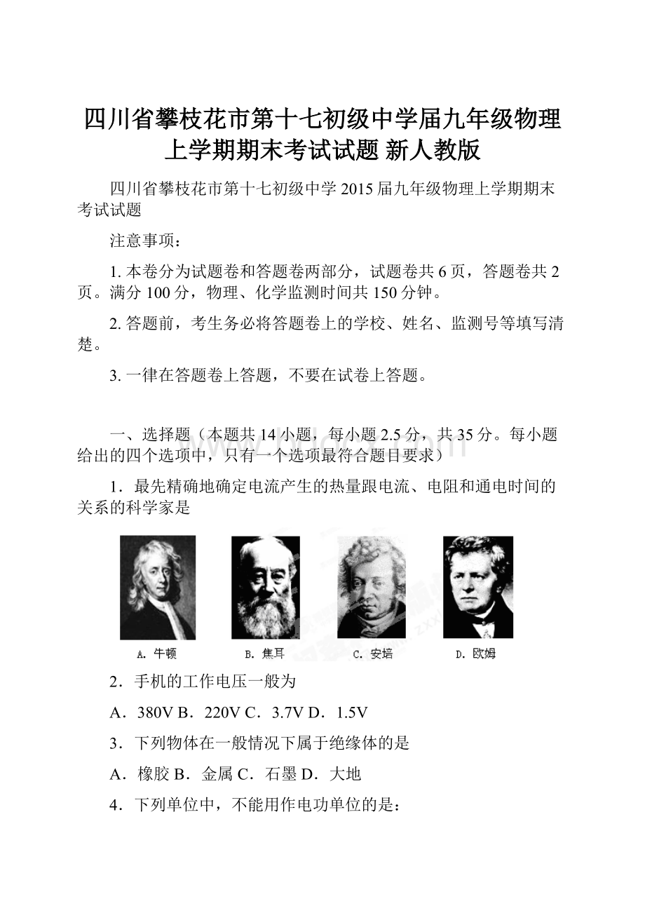 四川省攀枝花市第十七初级中学届九年级物理上学期期末考试试题 新人教版.docx