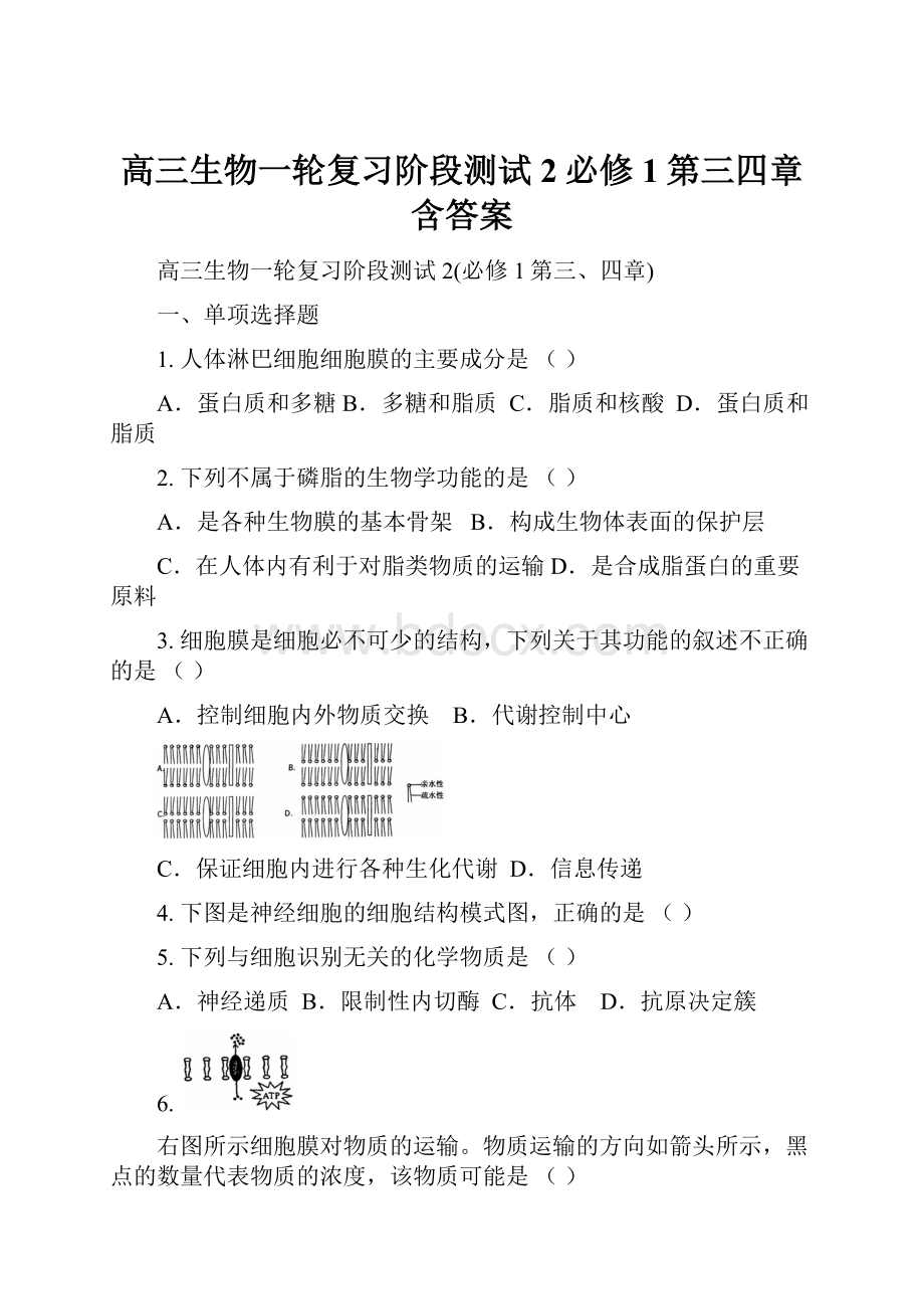 高三生物一轮复习阶段测试2必修1第三四章含答案.docx_第1页