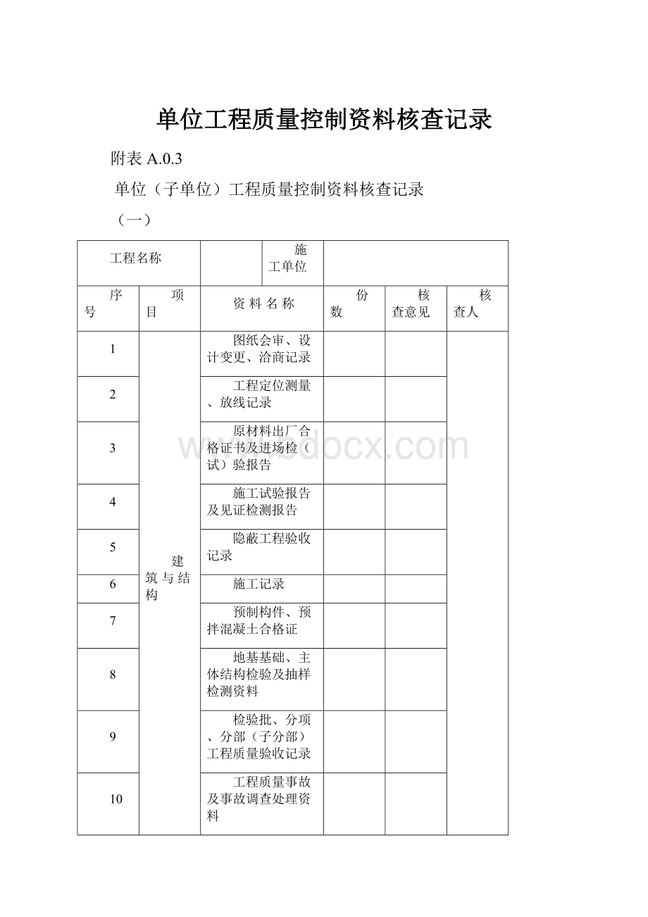 单位工程质量控制资料核查记录.docx