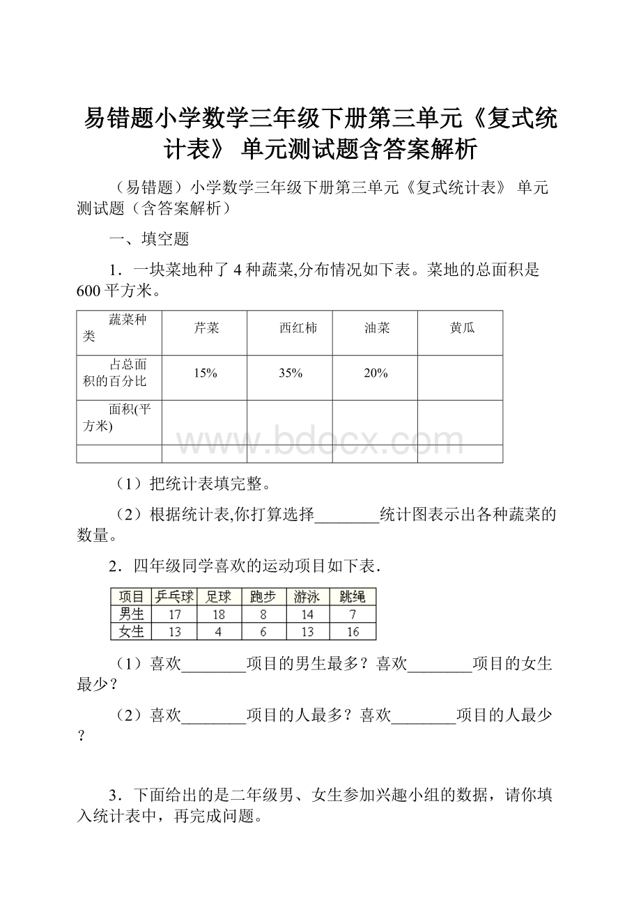 易错题小学数学三年级下册第三单元《复式统计表》 单元测试题含答案解析.docx_第1页