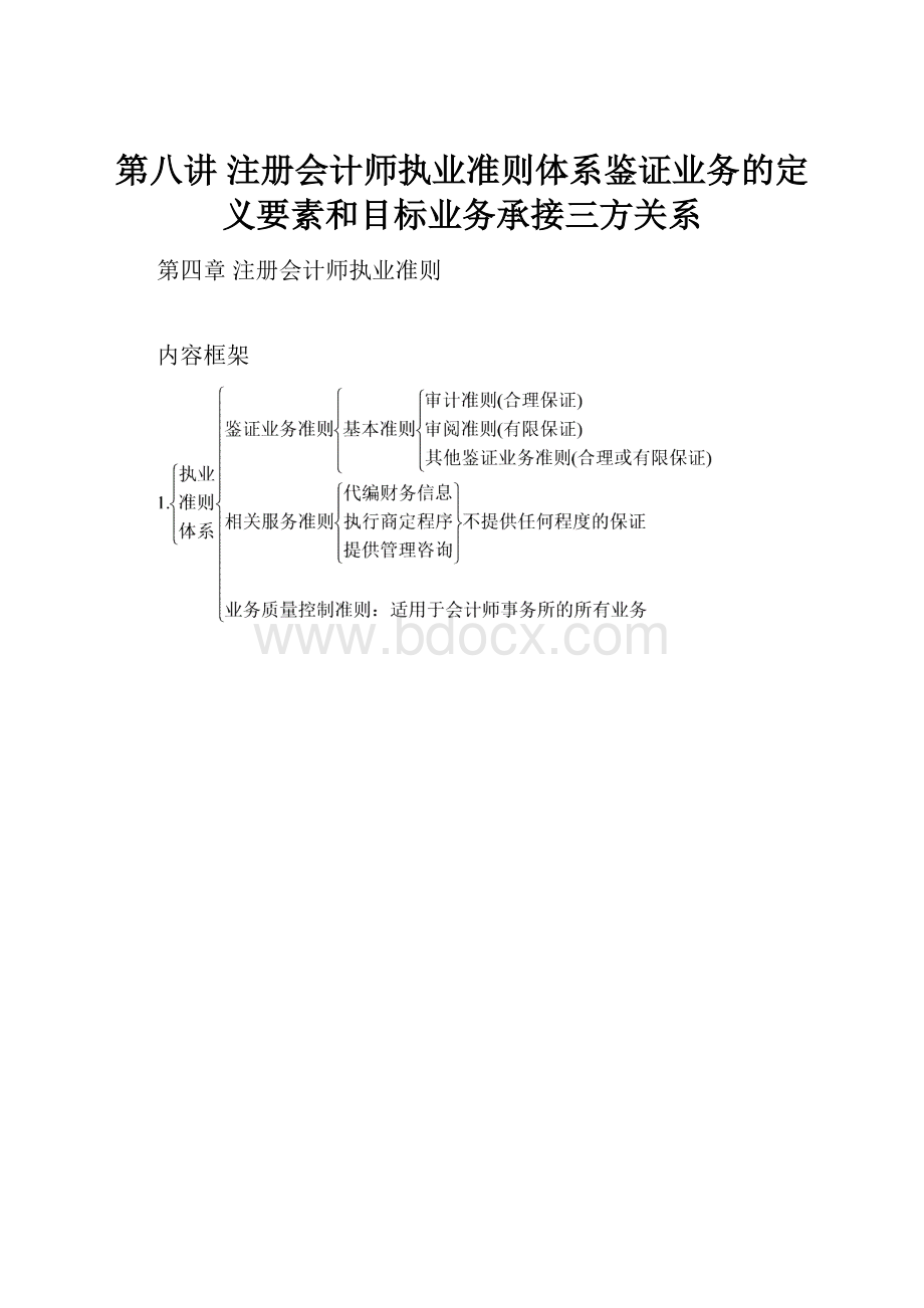 第八讲 注册会计师执业准则体系鉴证业务的定义要素和目标业务承接三方关系.docx