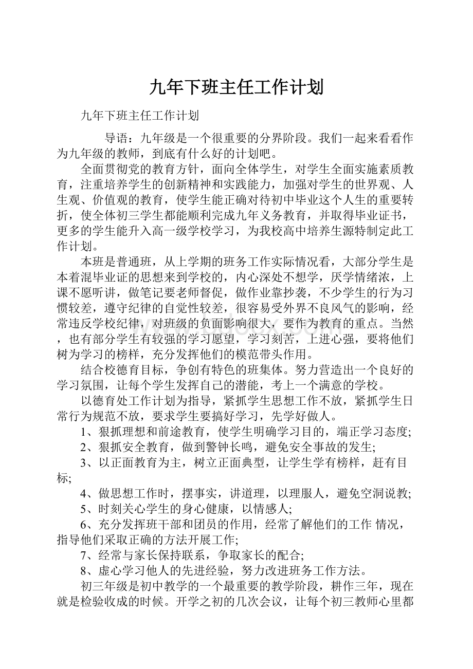 九年下班主任工作计划.docx