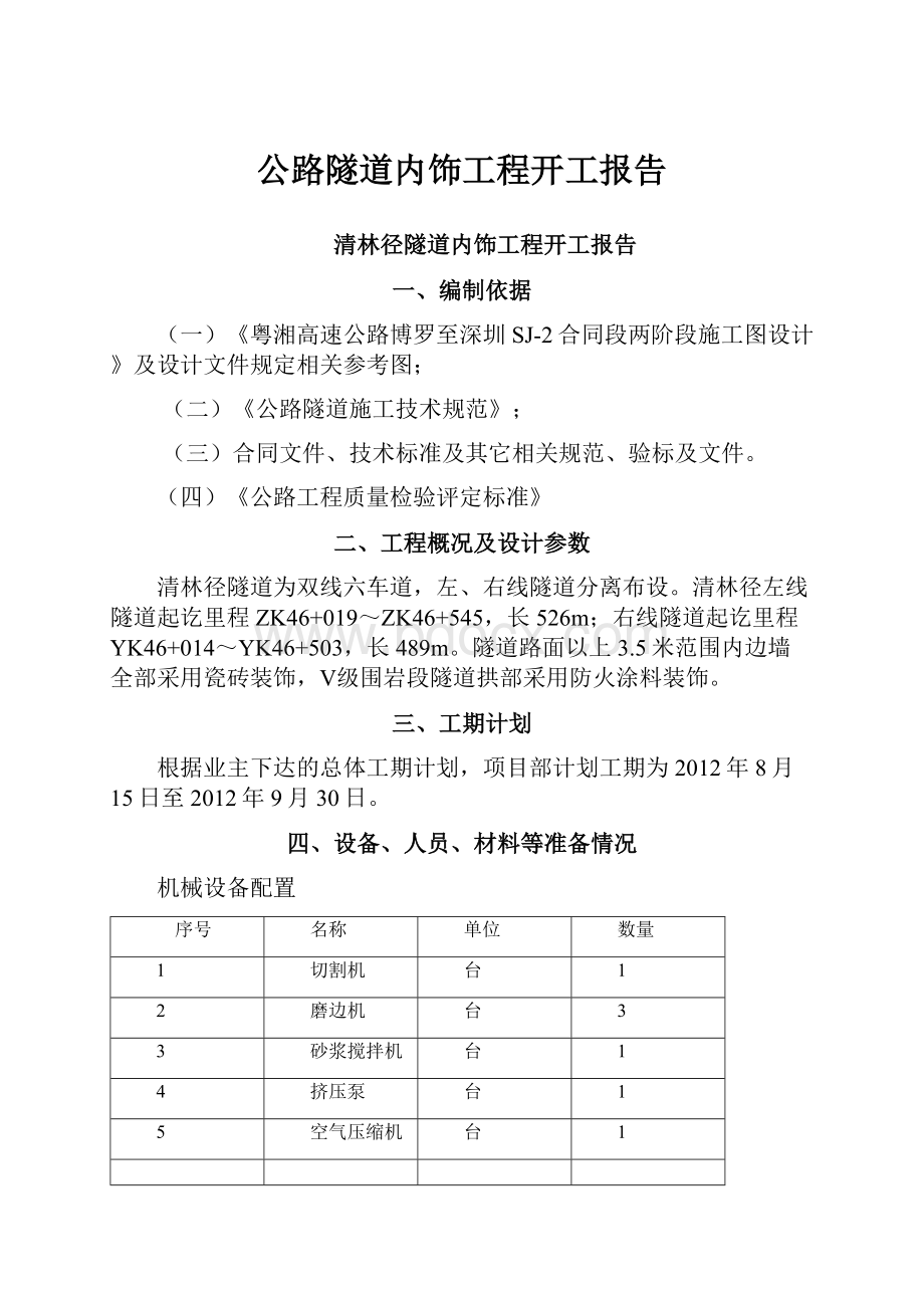 公路隧道内饰工程开工报告.docx_第1页