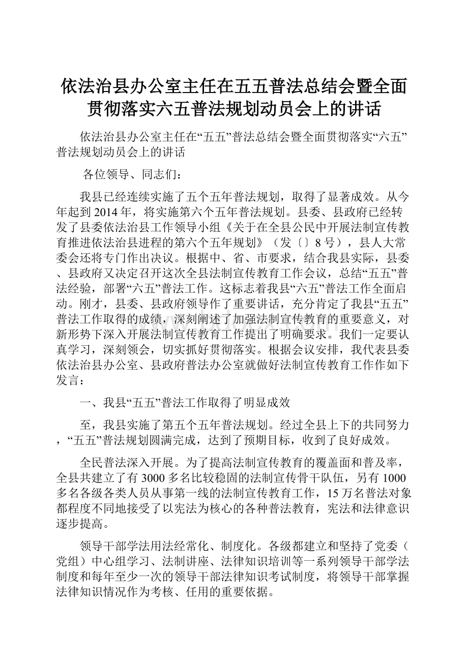 依法治县办公室主任在五五普法总结会暨全面贯彻落实六五普法规划动员会上的讲话.docx