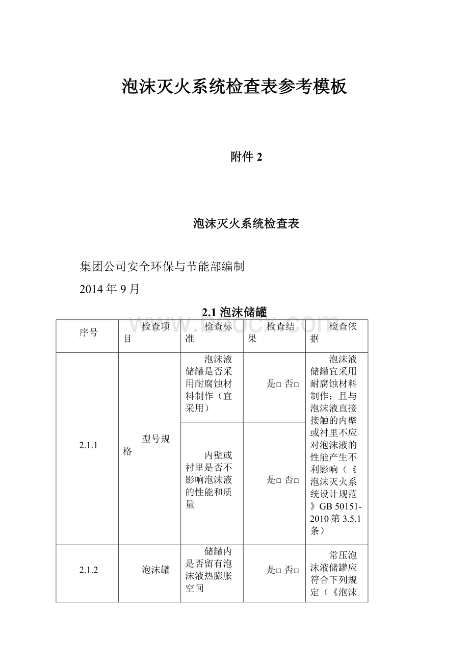 泡沫灭火系统检查表参考模板.docx