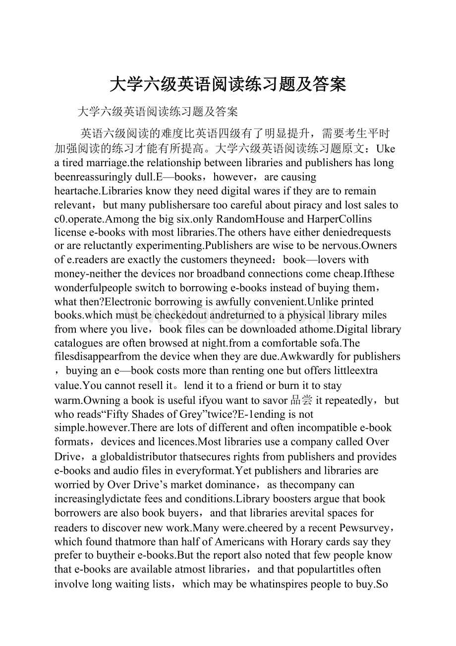 大学六级英语阅读练习题及答案.docx