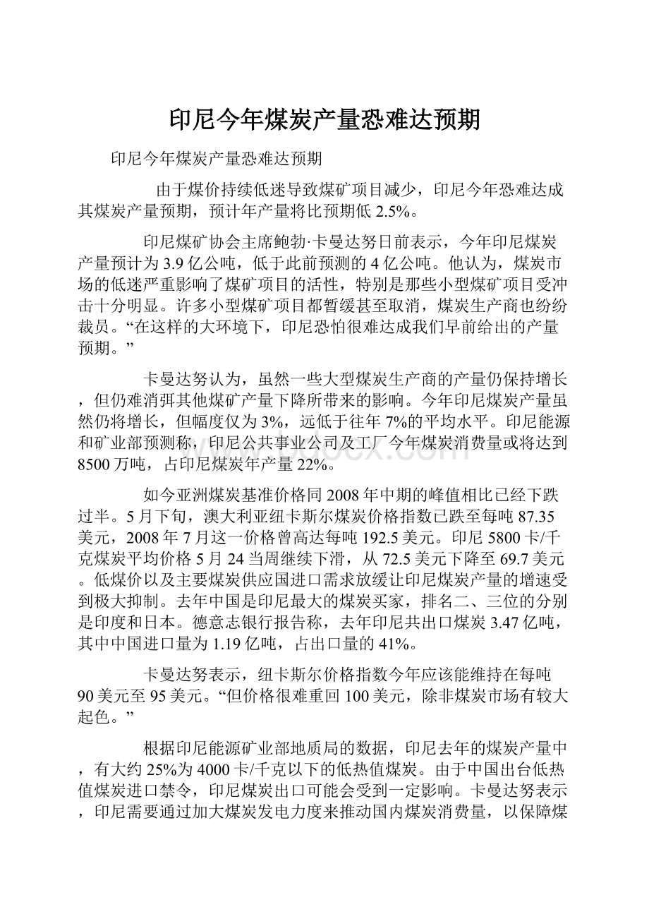 印尼今年煤炭产量恐难达预期.docx