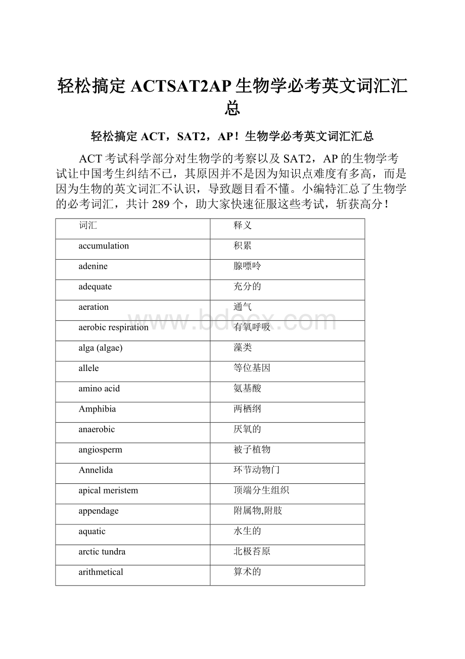 轻松搞定ACTSAT2AP生物学必考英文词汇汇总.docx