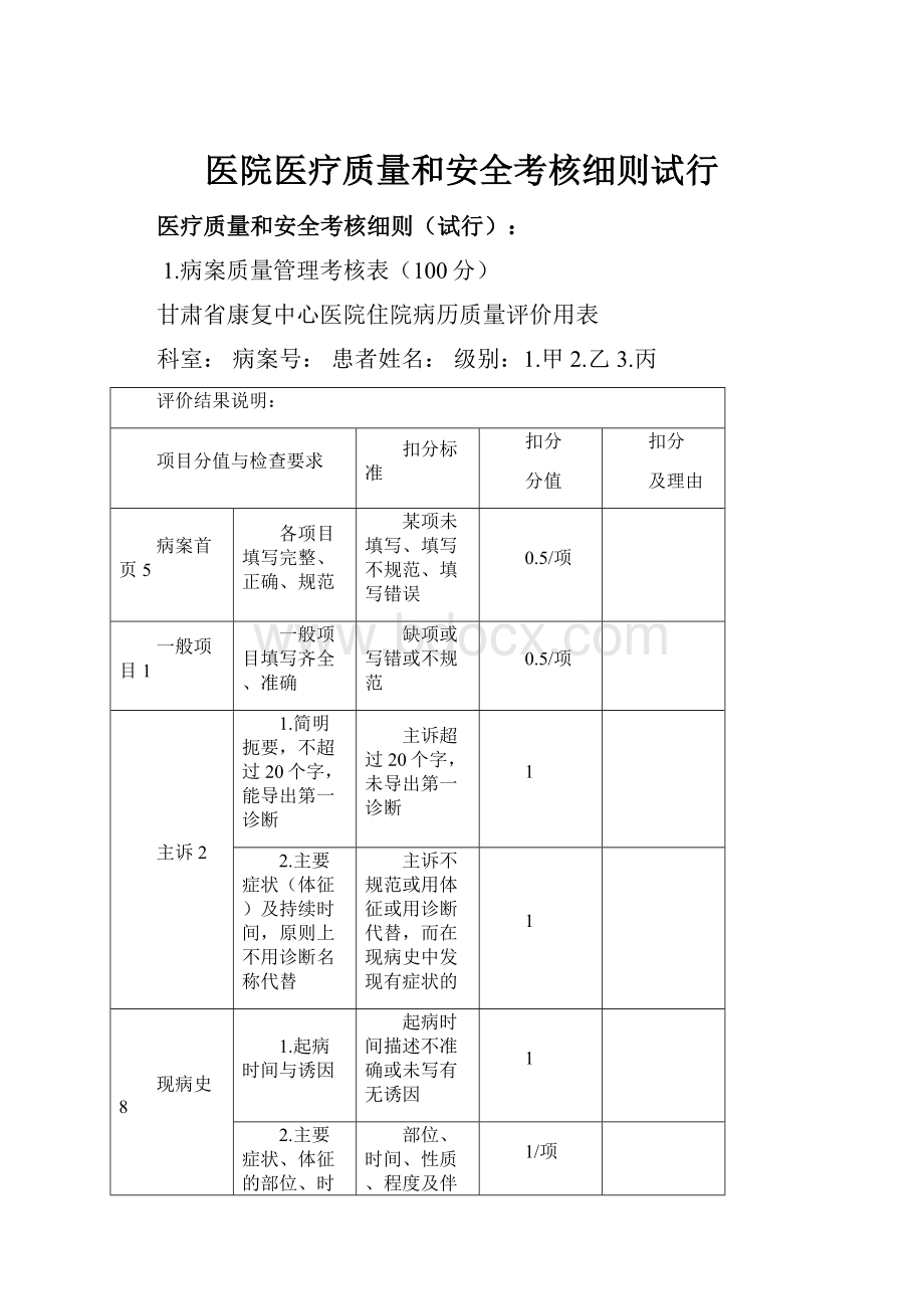 医院医疗质量和安全考核细则试行.docx