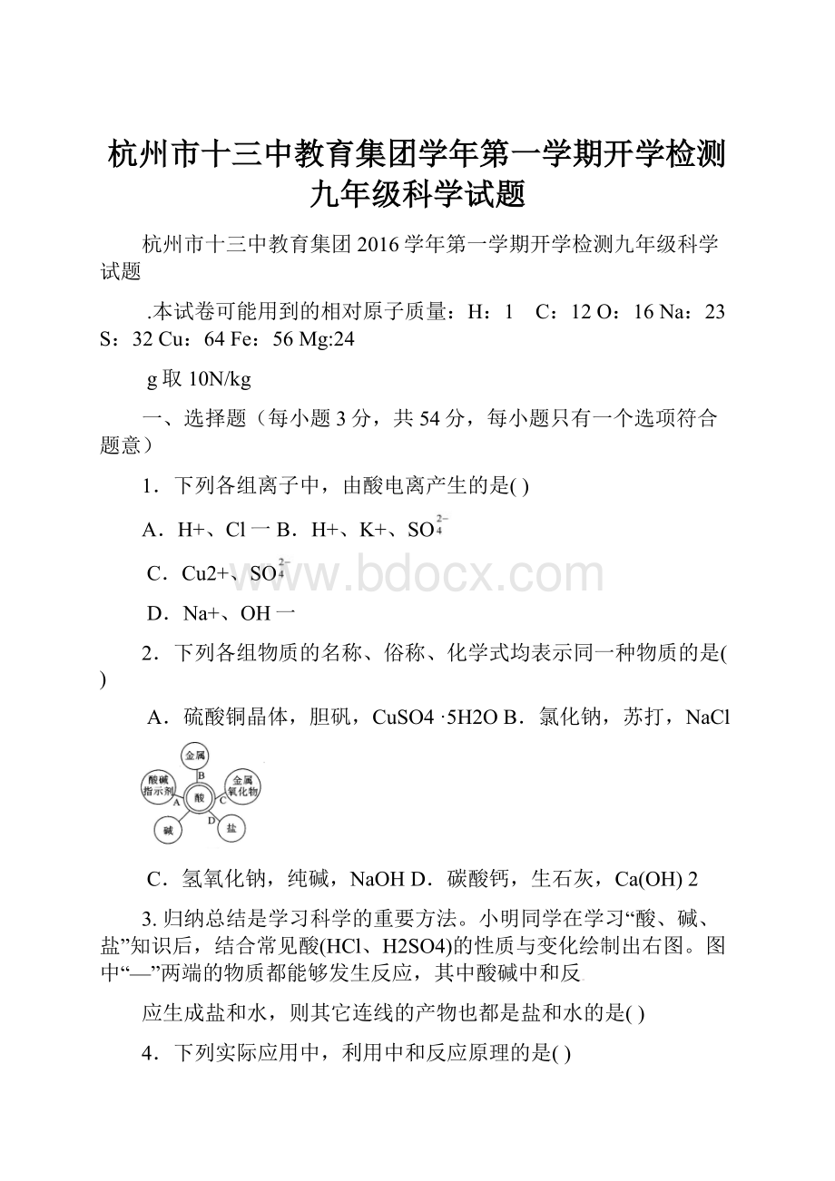 杭州市十三中教育集团学年第一学期开学检测九年级科学试题.docx