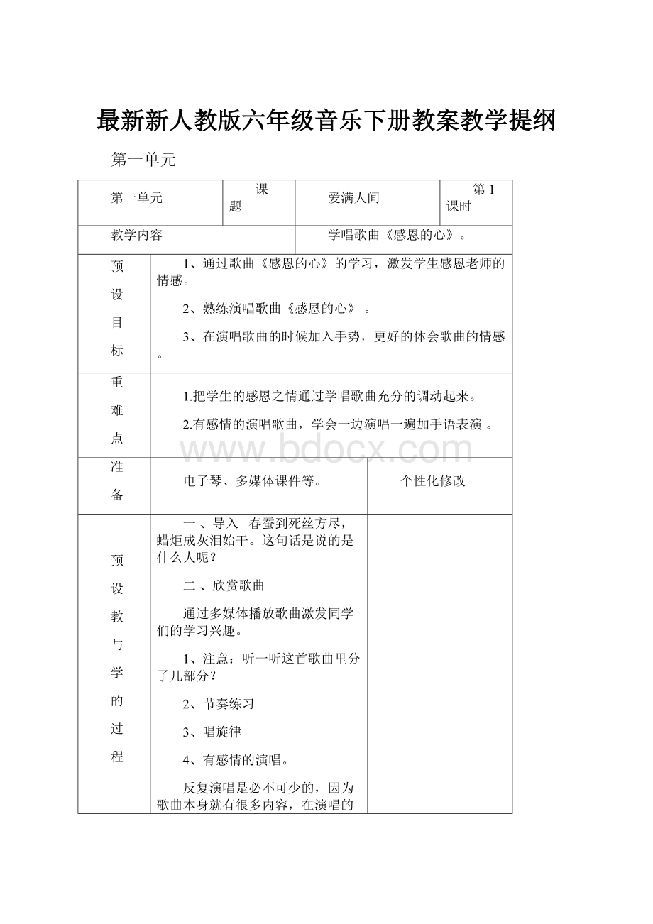 最新新人教版六年级音乐下册教案教学提纲.docx