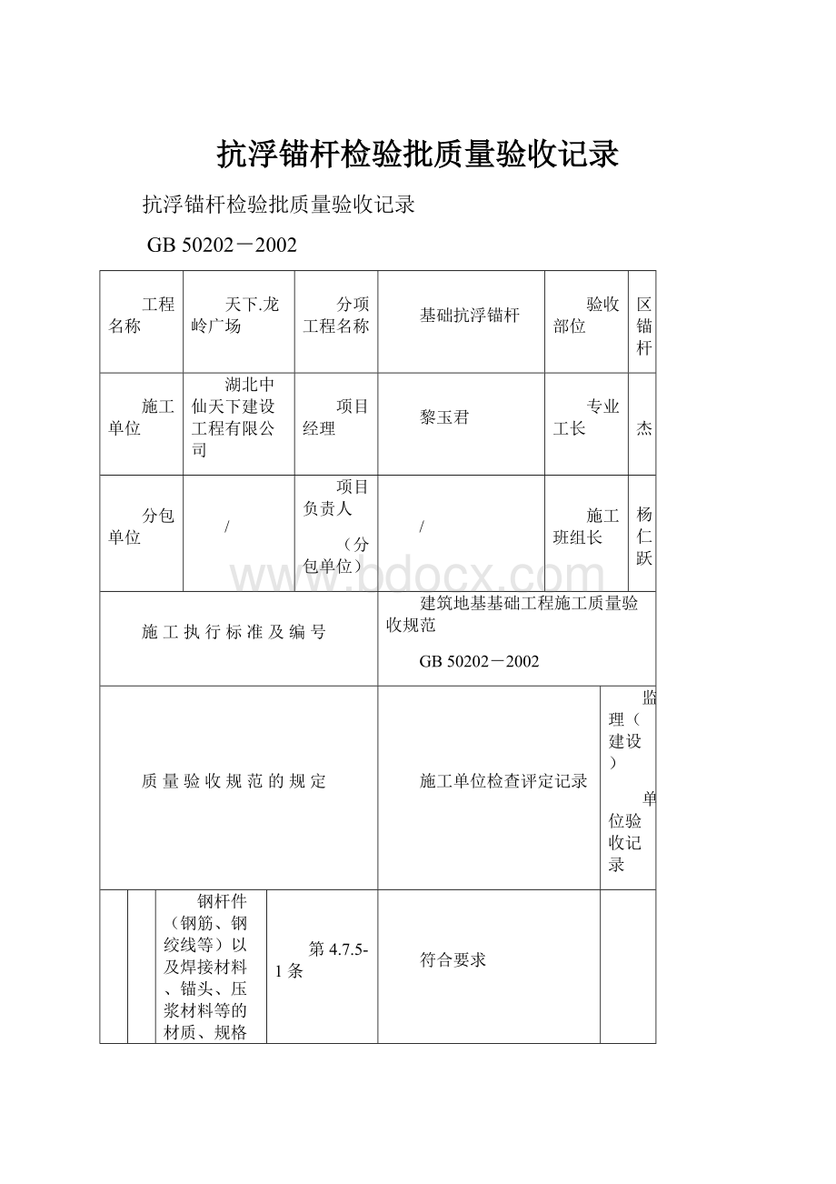 抗浮锚杆检验批质量验收记录.docx