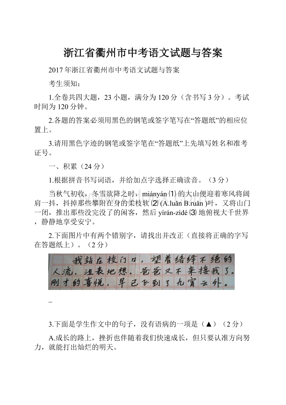 浙江省衢州市中考语文试题与答案.docx_第1页