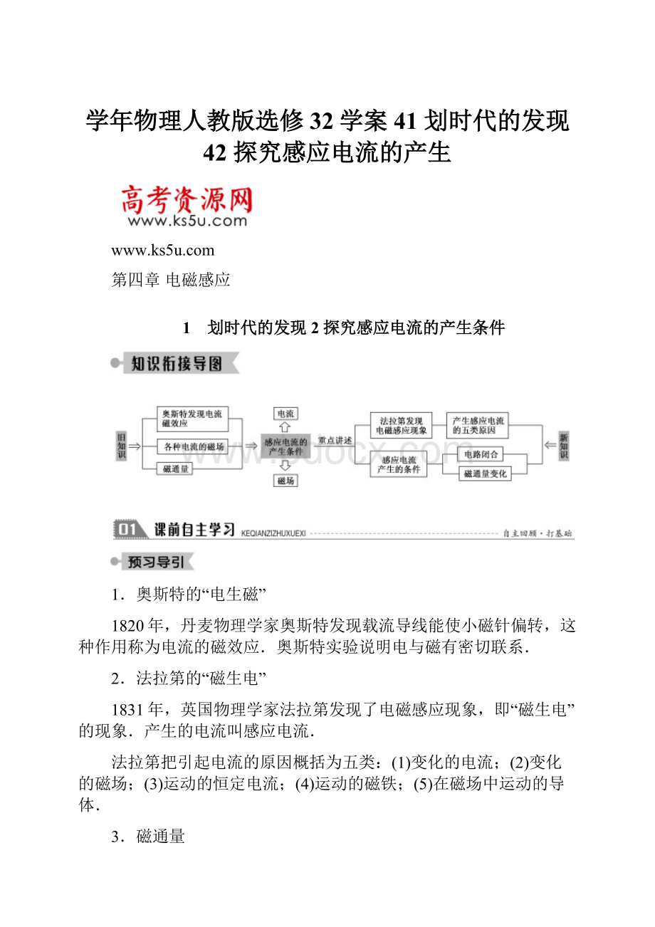 学年物理人教版选修32学案41 划时代的发现 42 探究感应电流的产生.docx