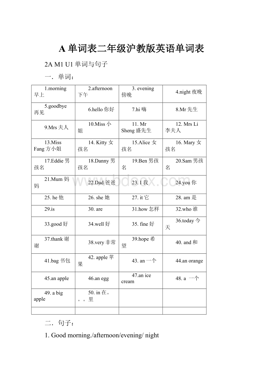 A单词表二年级沪教版英语单词表.docx