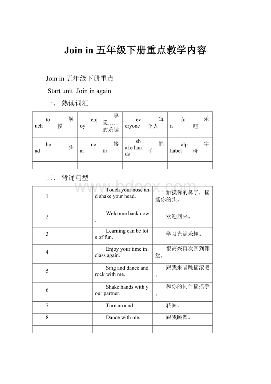 Join in 五年级下册重点教学内容.docx