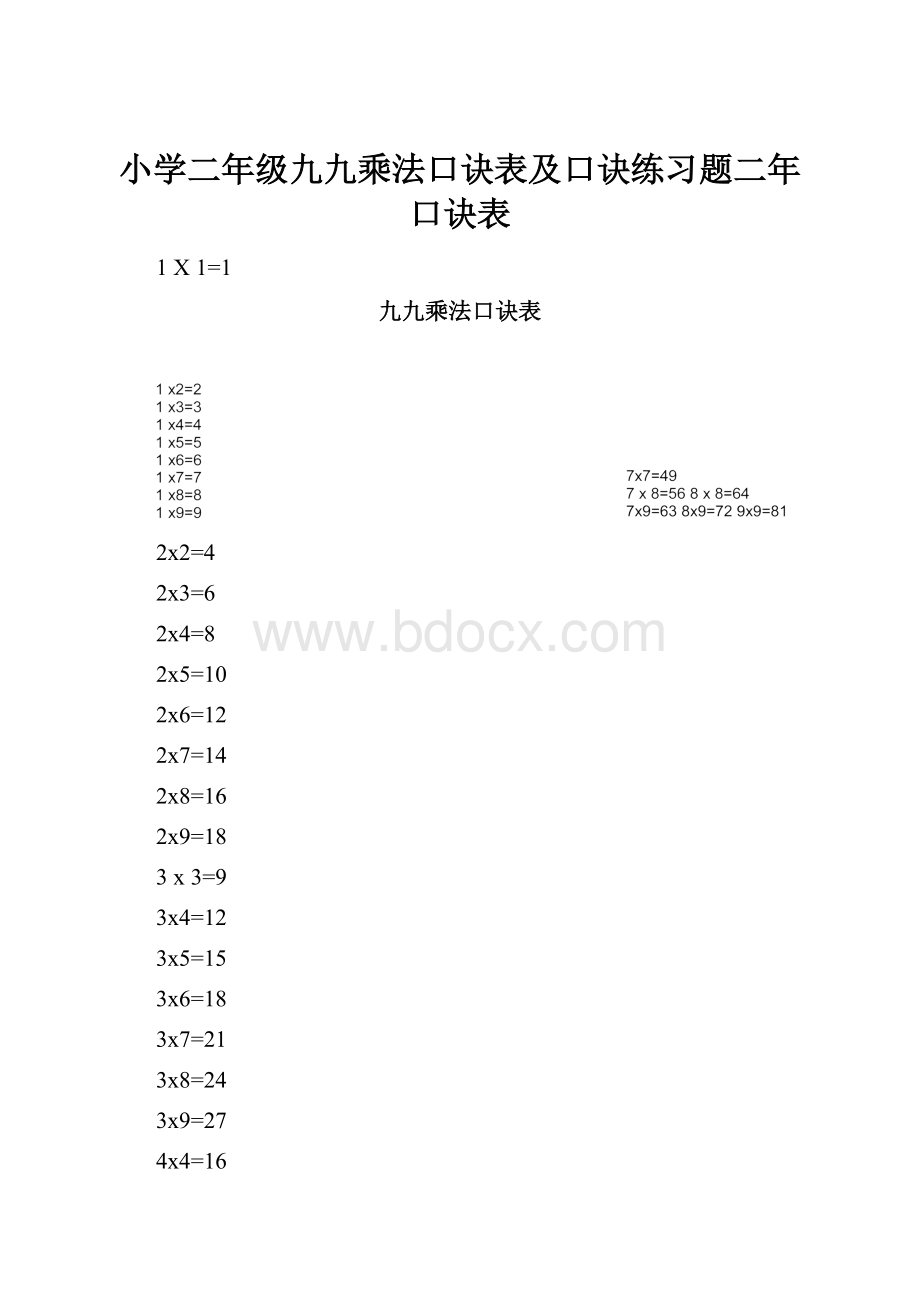 小学二年级九九乘法口诀表及口诀练习题二年口诀表.docx_第1页