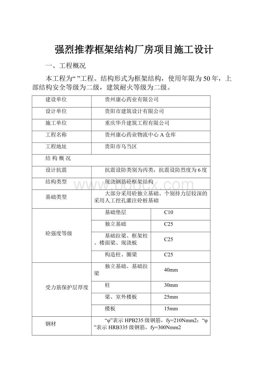 强烈推荐框架结构厂房项目施工设计.docx