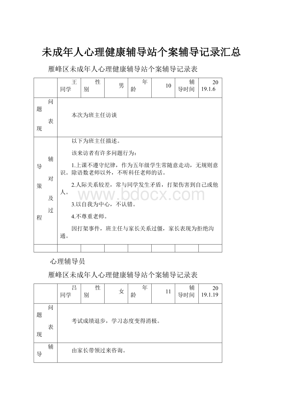 未成年人心理健康辅导站个案辅导记录汇总.docx