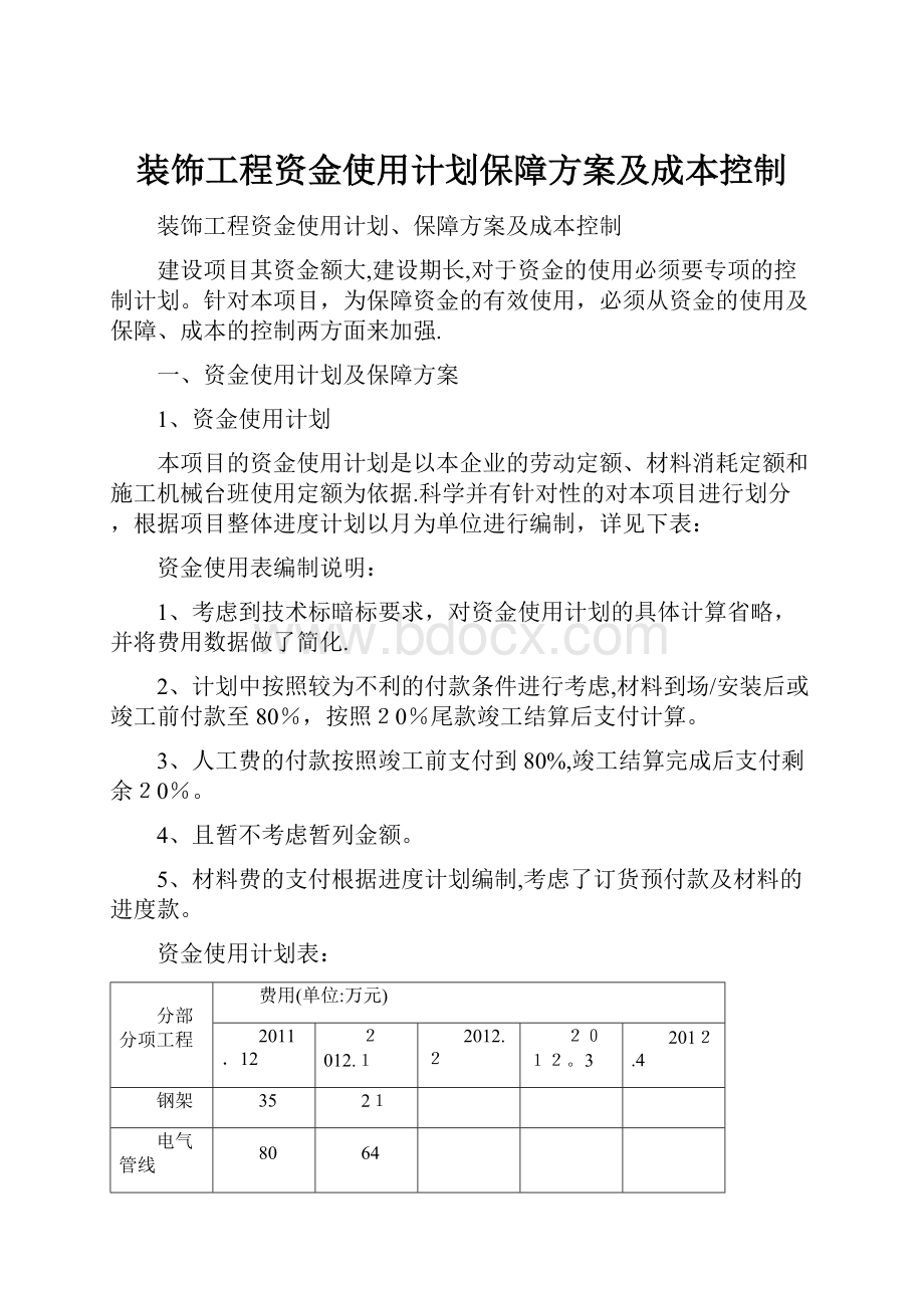 装饰工程资金使用计划保障方案及成本控制.docx