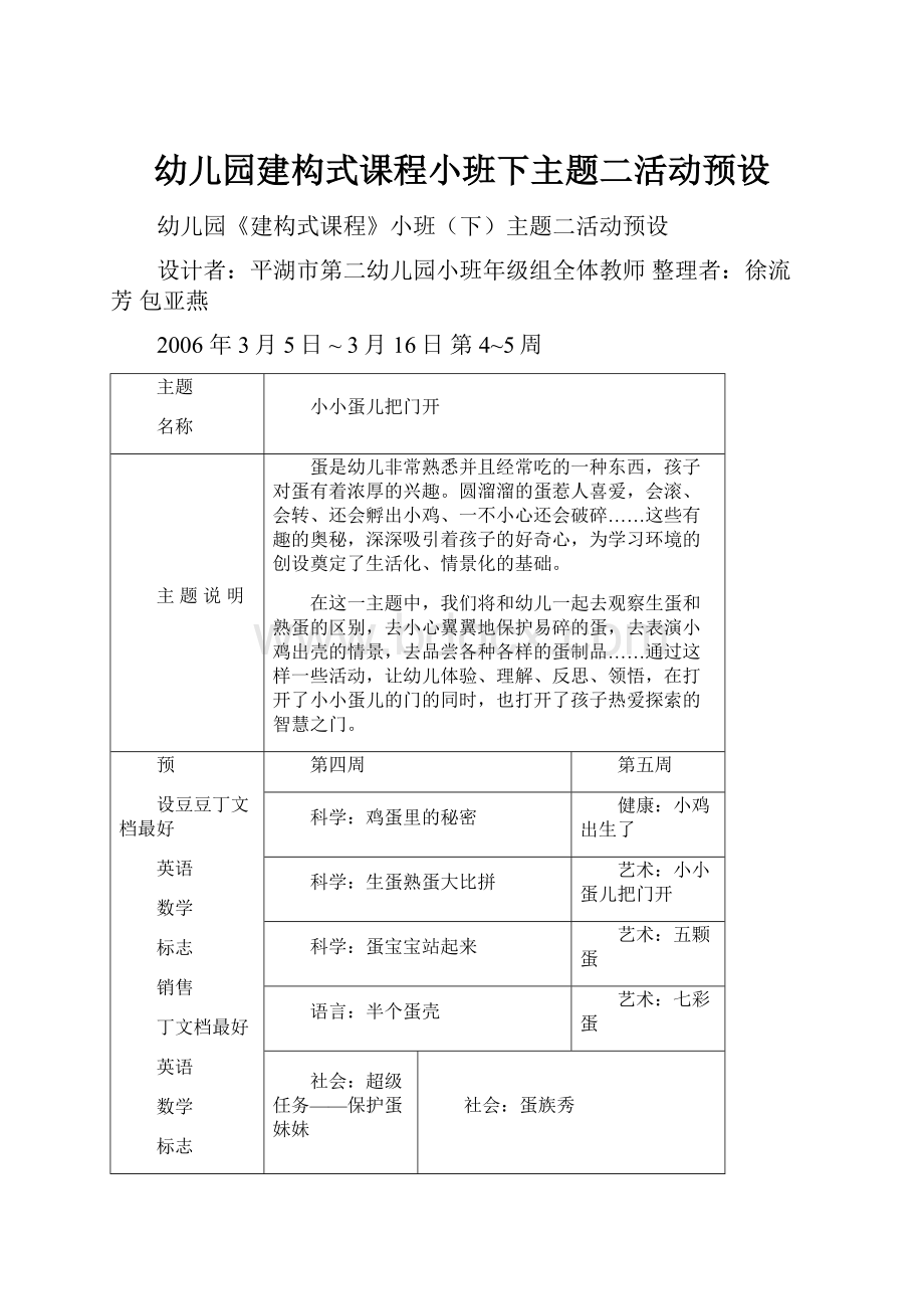 幼儿园建构式课程小班下主题二活动预设.docx