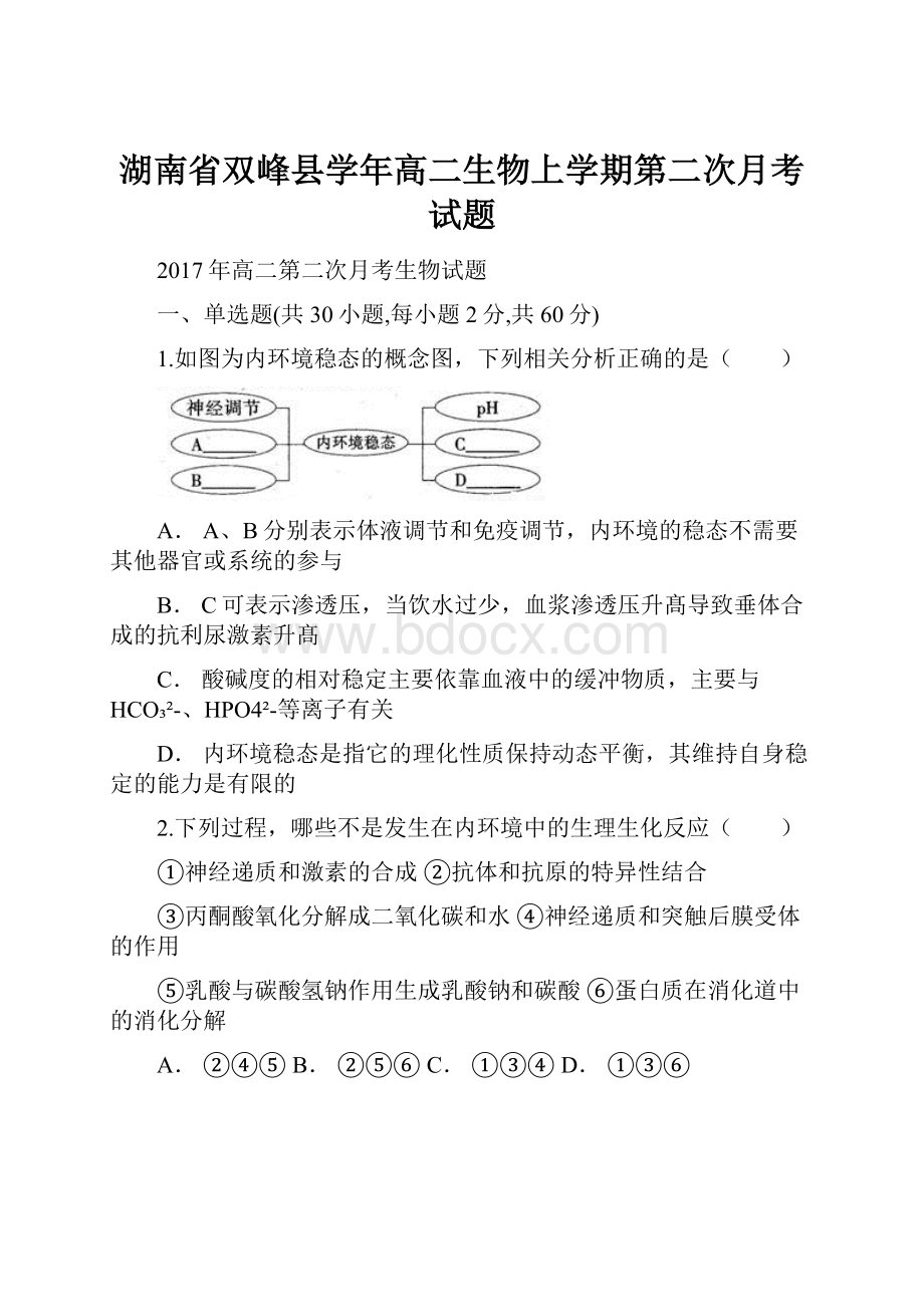 湖南省双峰县学年高二生物上学期第二次月考试题.docx