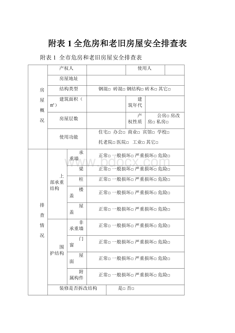 附表1全危房和老旧房屋安全排查表.docx