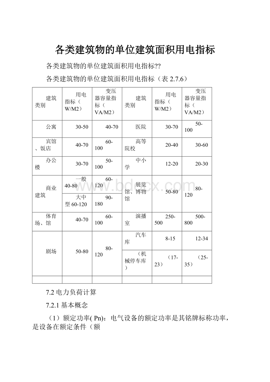 各类建筑物的单位建筑面积用电指标.docx