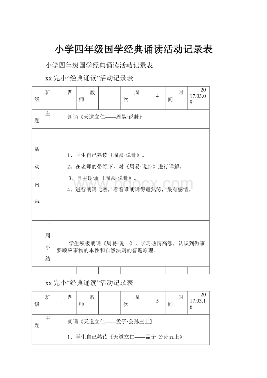 小学四年级国学经典诵读活动记录表.docx