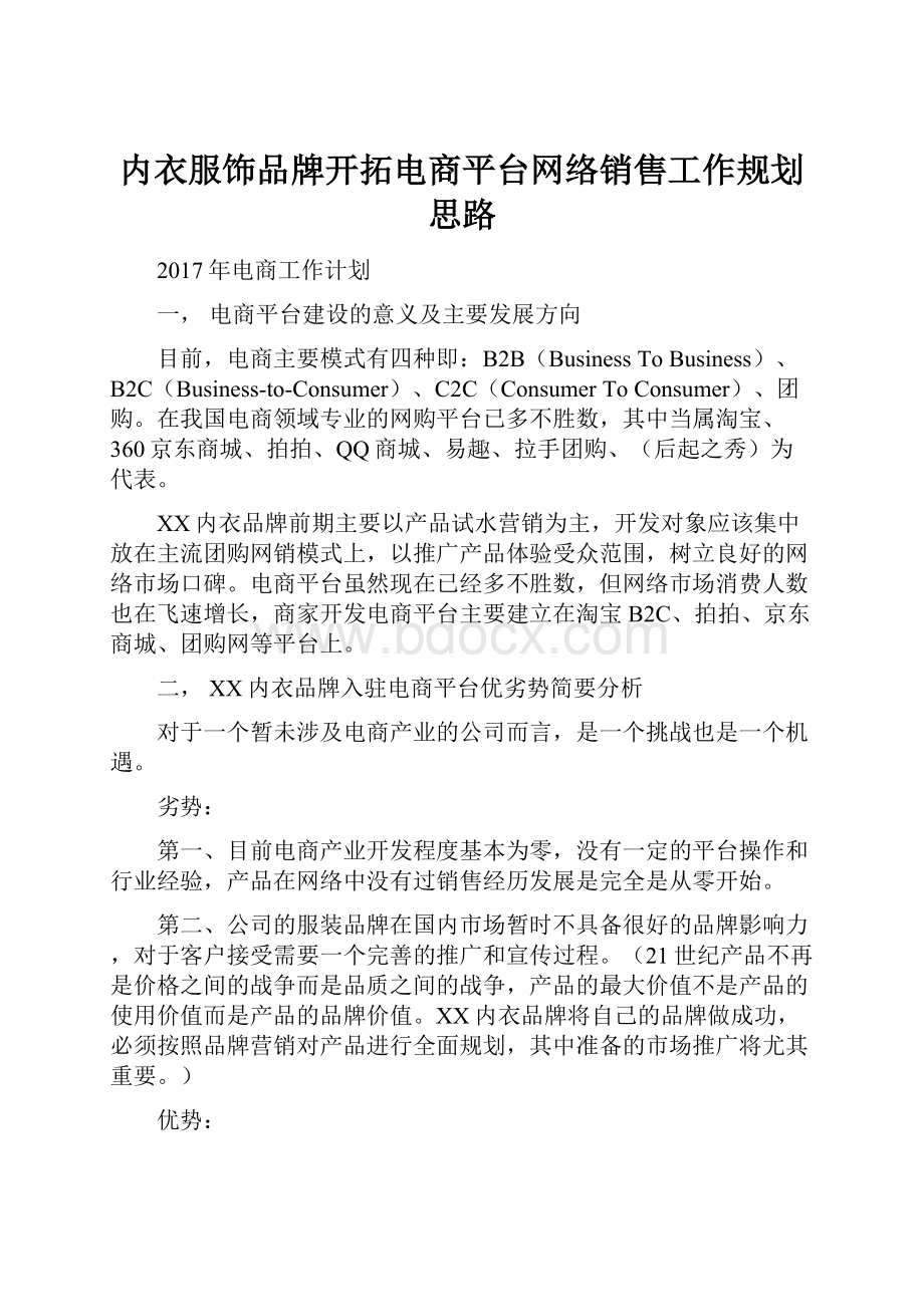 内衣服饰品牌开拓电商平台网络销售工作规划思路.docx