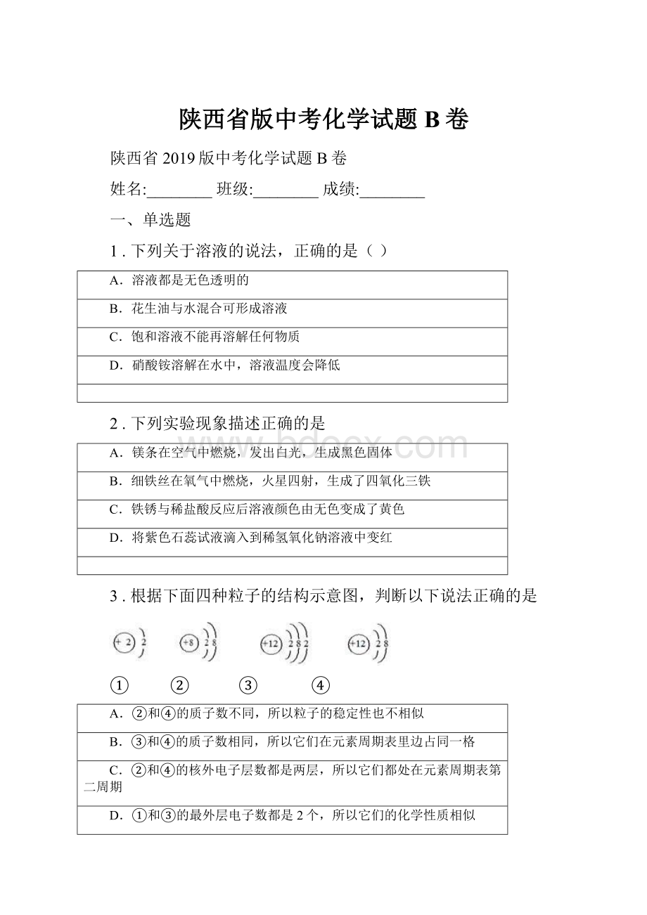 陕西省版中考化学试题B卷.docx