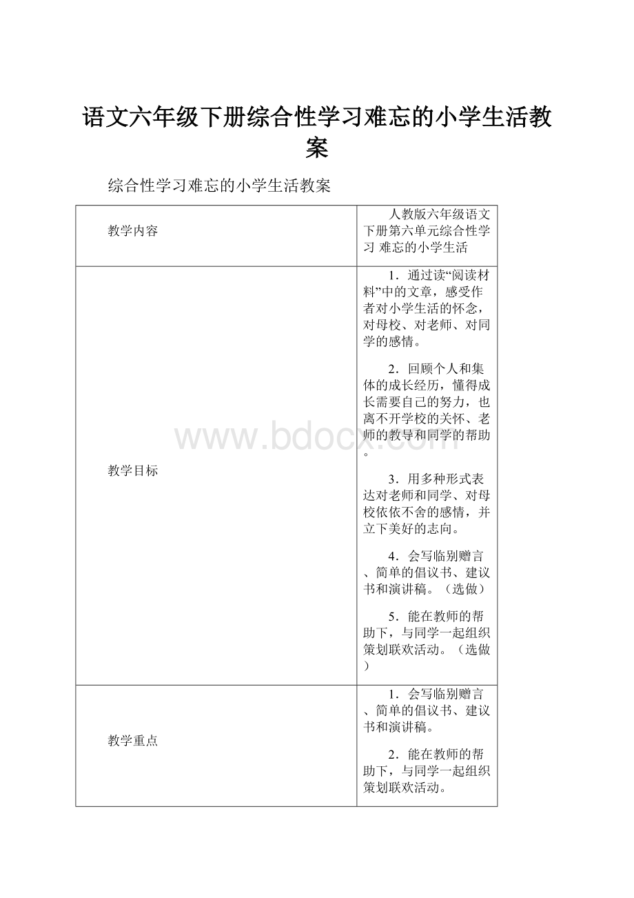 语文六年级下册综合性学习难忘的小学生活教案.docx