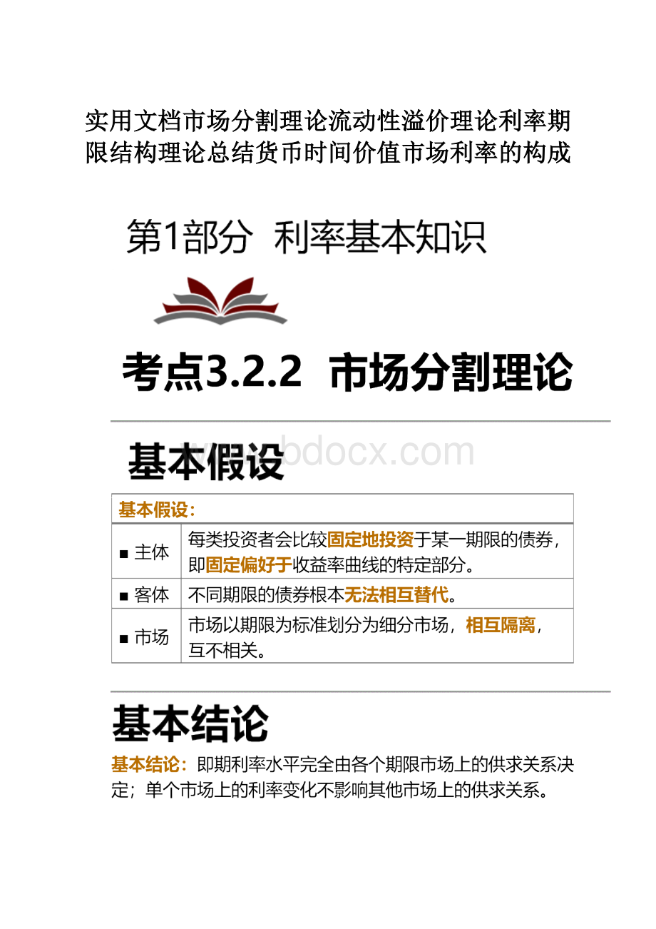 实用文档市场分割理论流动性溢价理论利率期限结构理论总结货币时间价值市场利率的构成.docx_第1页