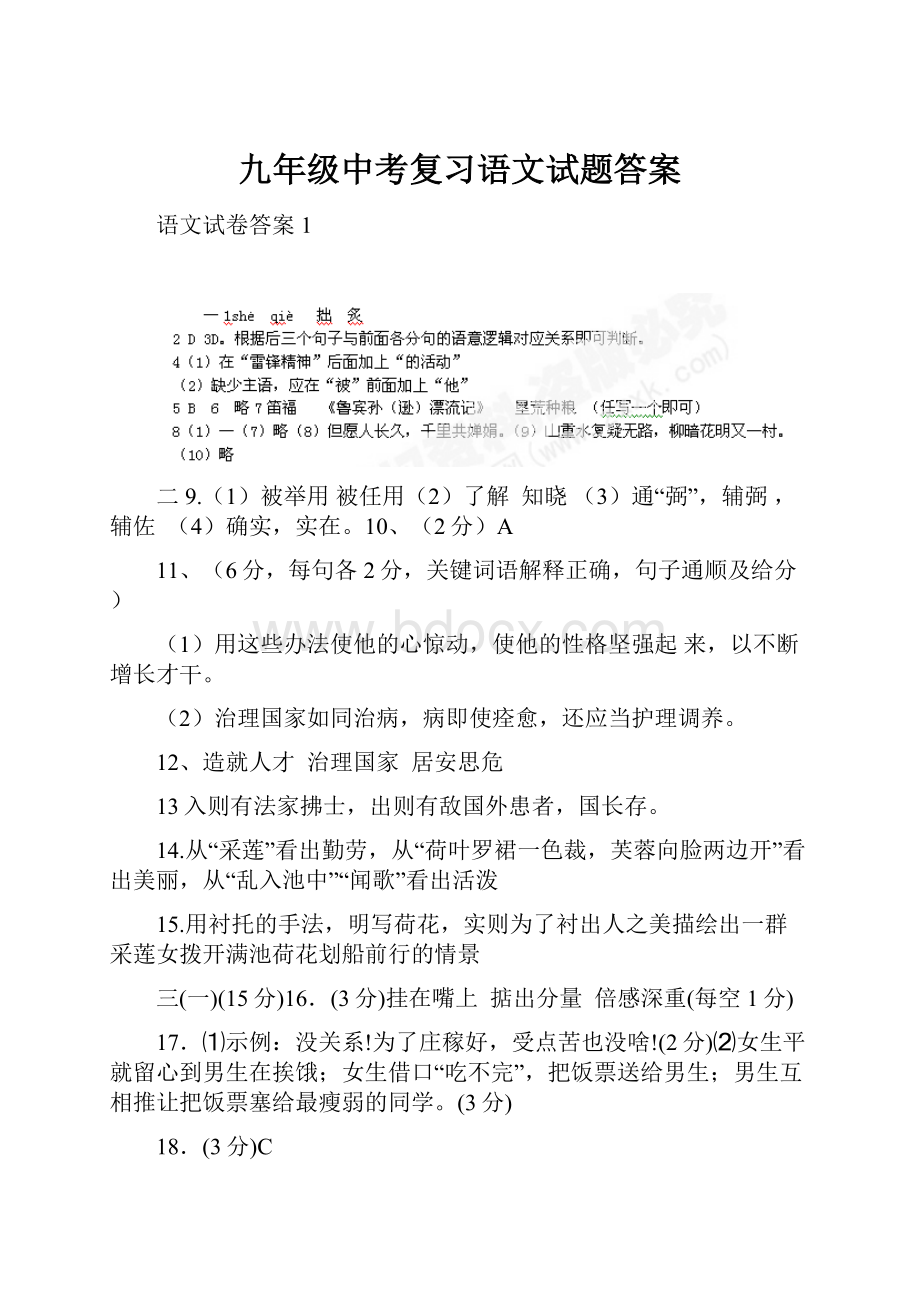 九年级中考复习语文试题答案.docx_第1页