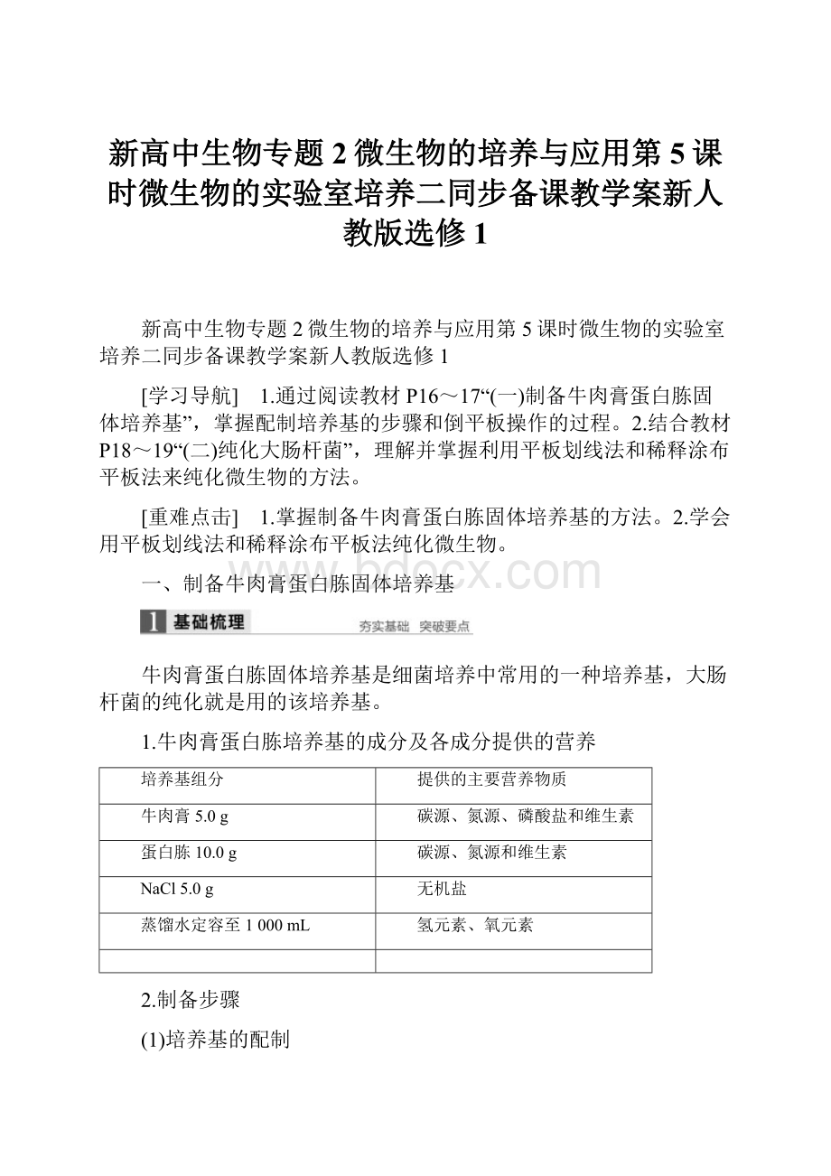 新高中生物专题2微生物的培养与应用第5课时微生物的实验室培养二同步备课教学案新人教版选修1.docx