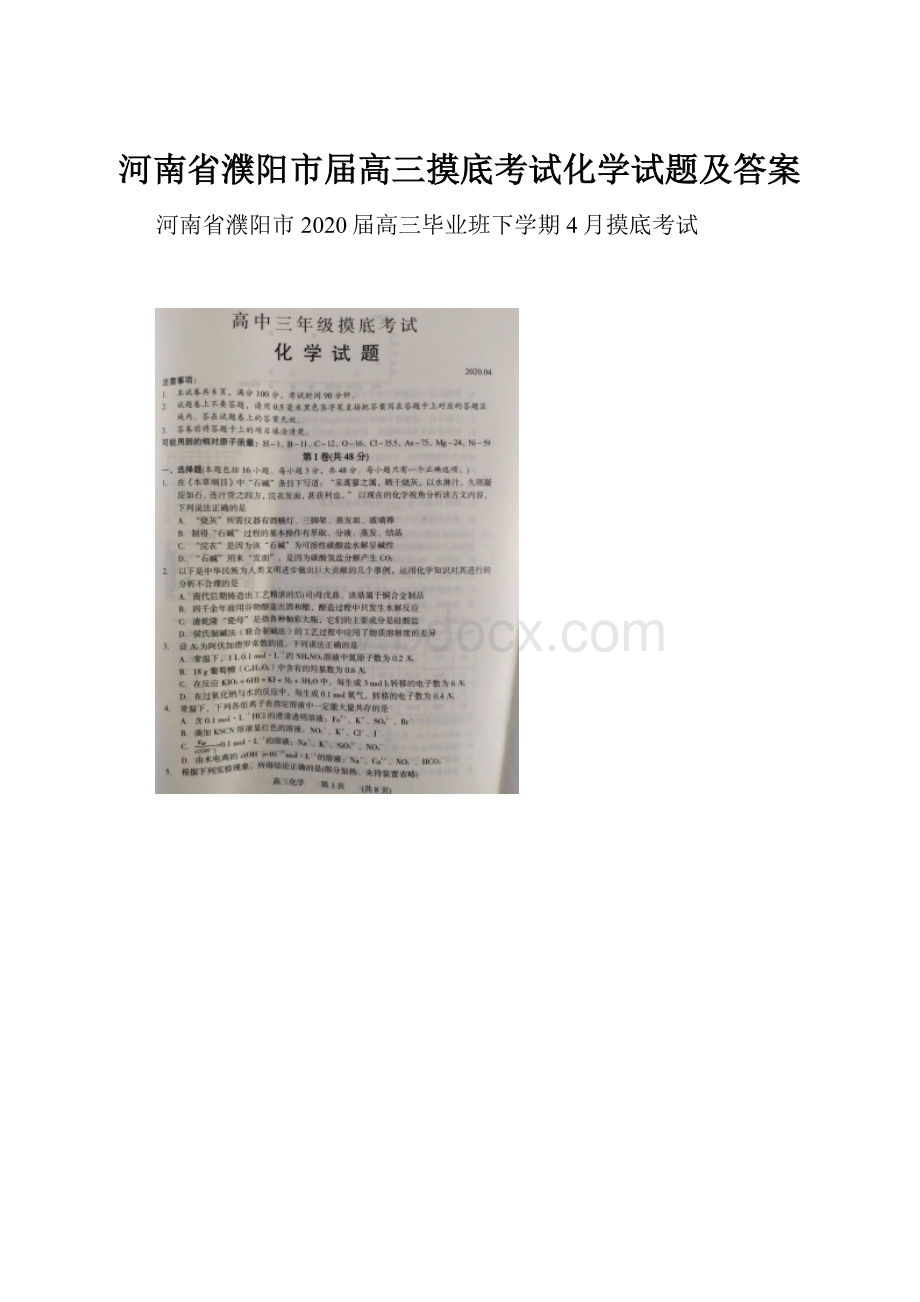 河南省濮阳市届高三摸底考试化学试题及答案.docx