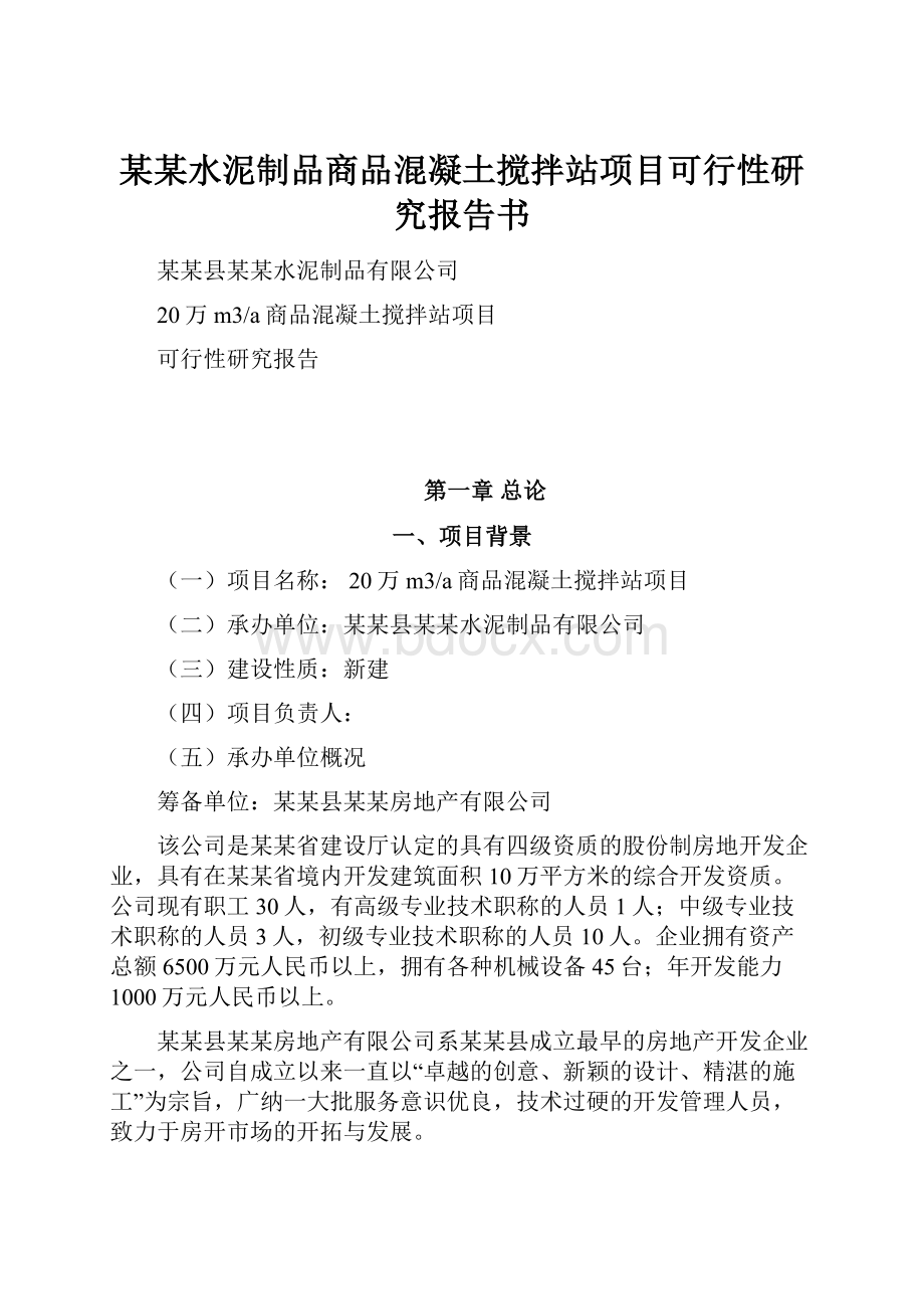 某某水泥制品商品混凝土搅拌站项目可行性研究报告书.docx_第1页