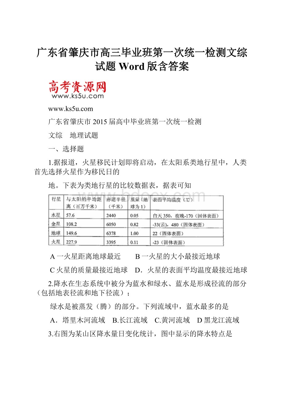 广东省肇庆市高三毕业班第一次统一检测文综试题 Word版含答案.docx_第1页