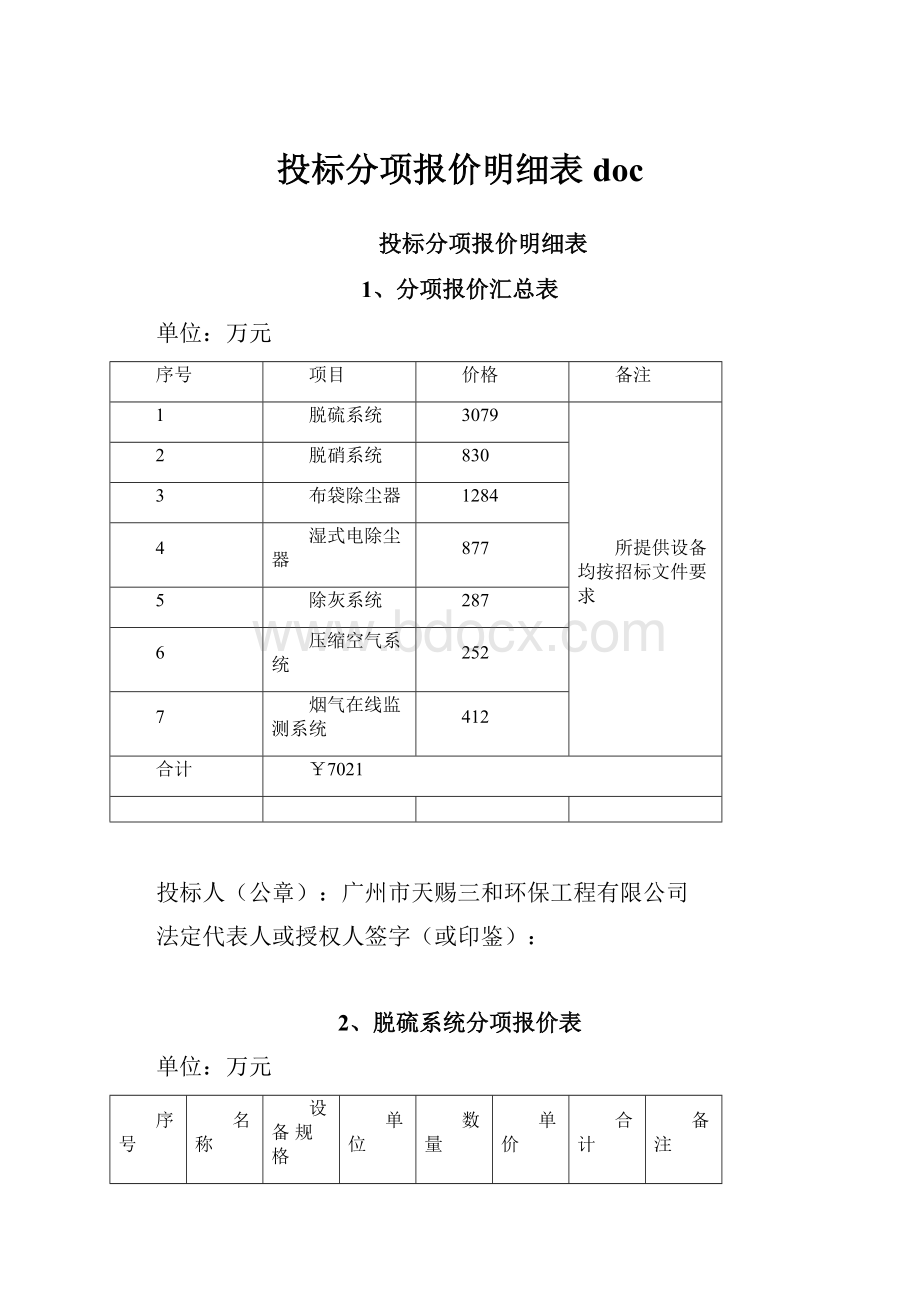 投标分项报价明细表doc.docx