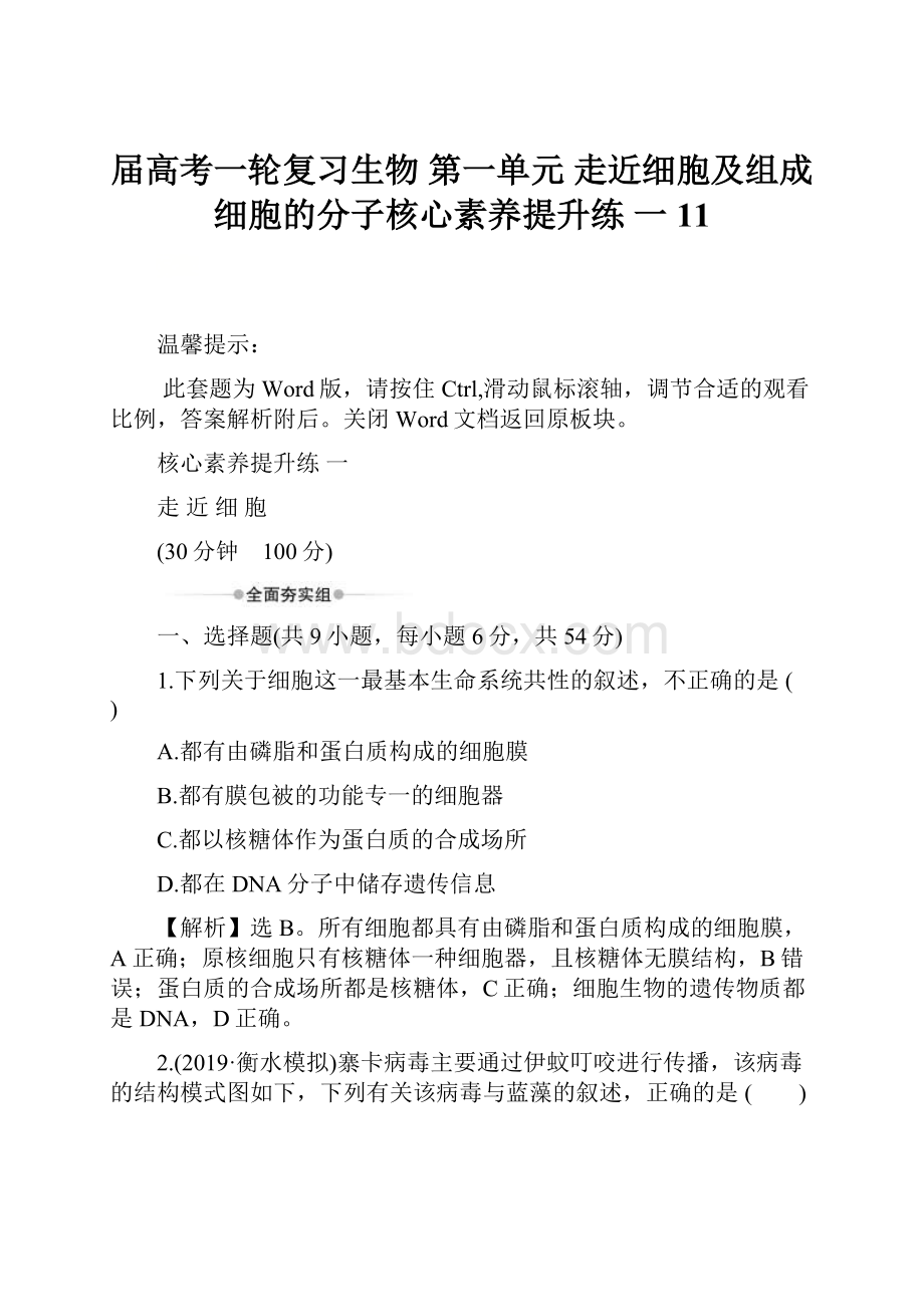 届高考一轮复习生物第一单元 走近细胞及组成细胞的分子核心素养提升练 一 11.docx