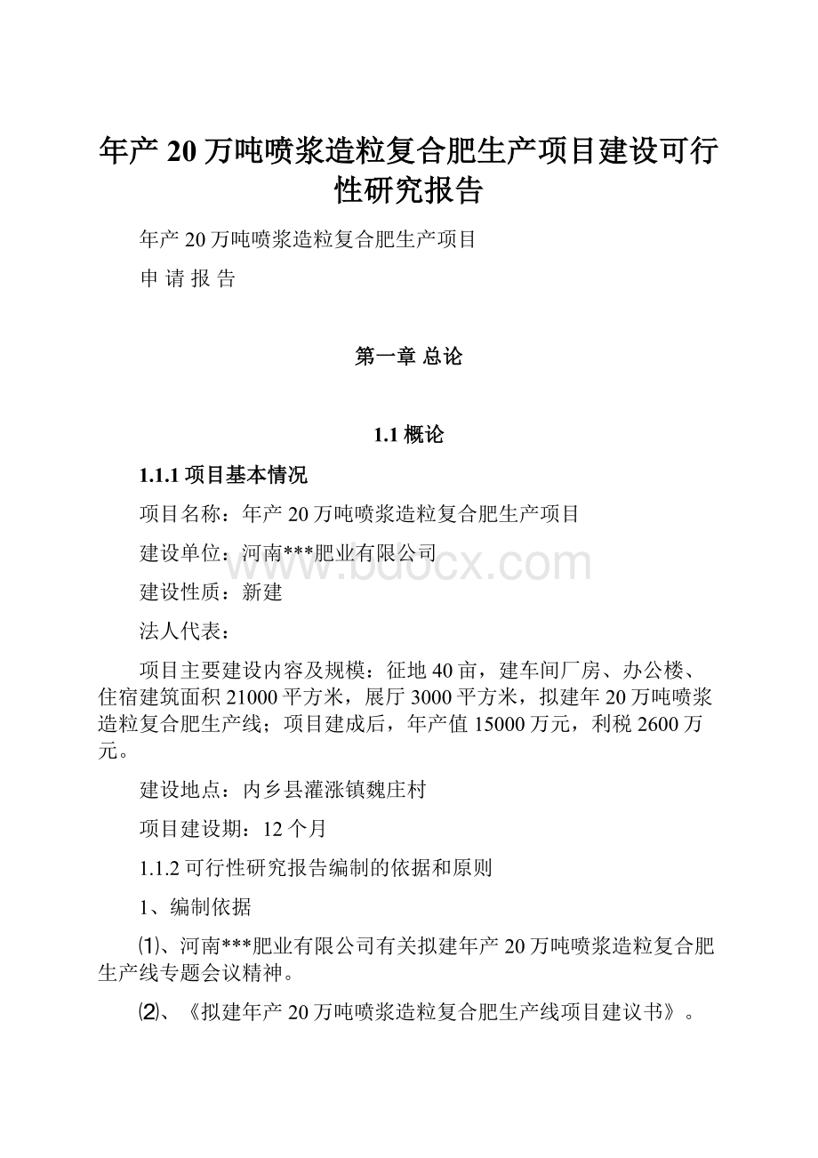 年产20万吨喷浆造粒复合肥生产项目建设可行性研究报告.docx_第1页