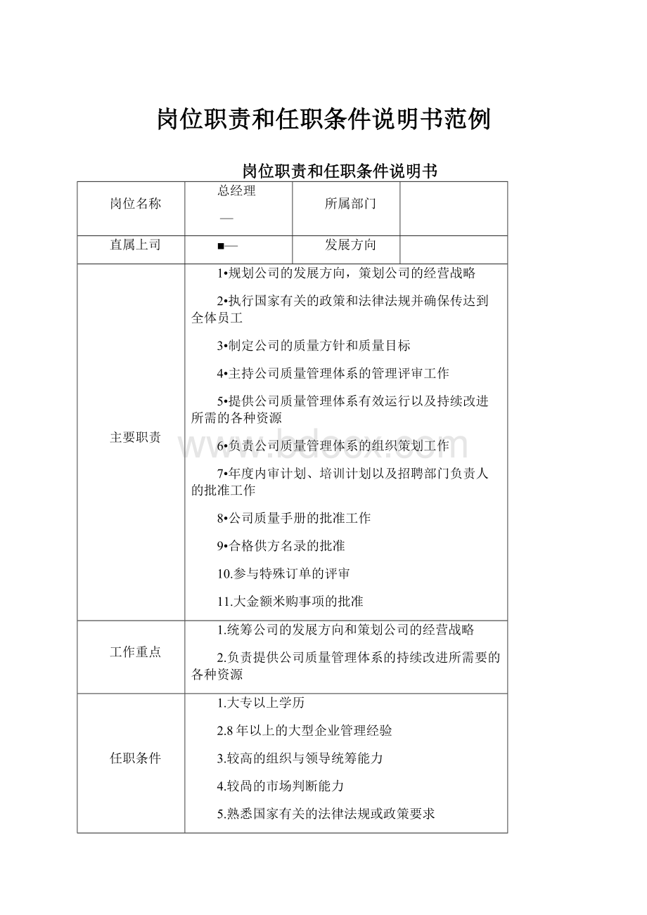 岗位职责和任职条件说明书范例.docx_第1页