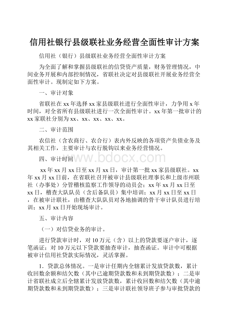 信用社银行县级联社业务经营全面性审计方案.docx_第1页