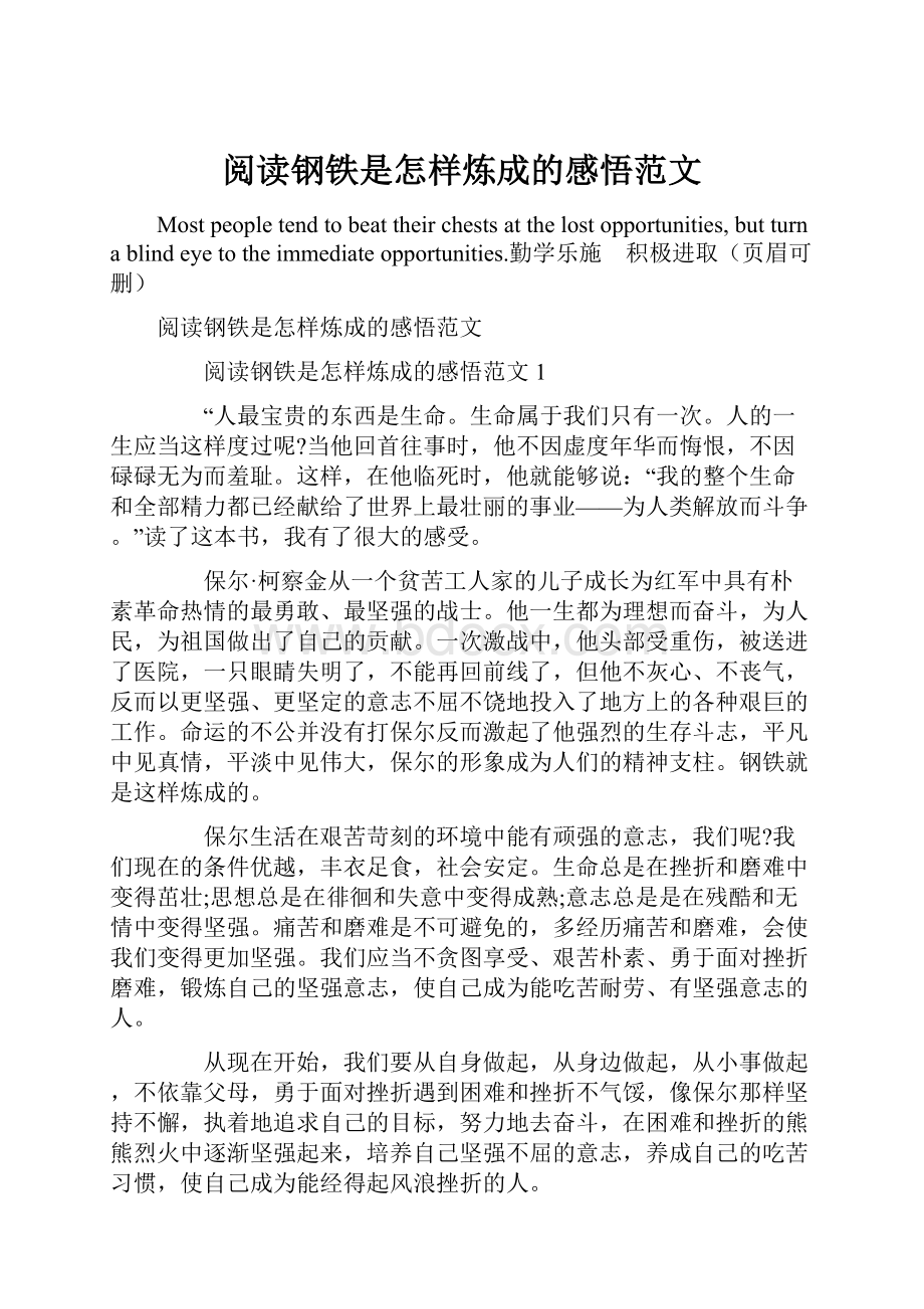 阅读钢铁是怎样炼成的感悟范文.docx