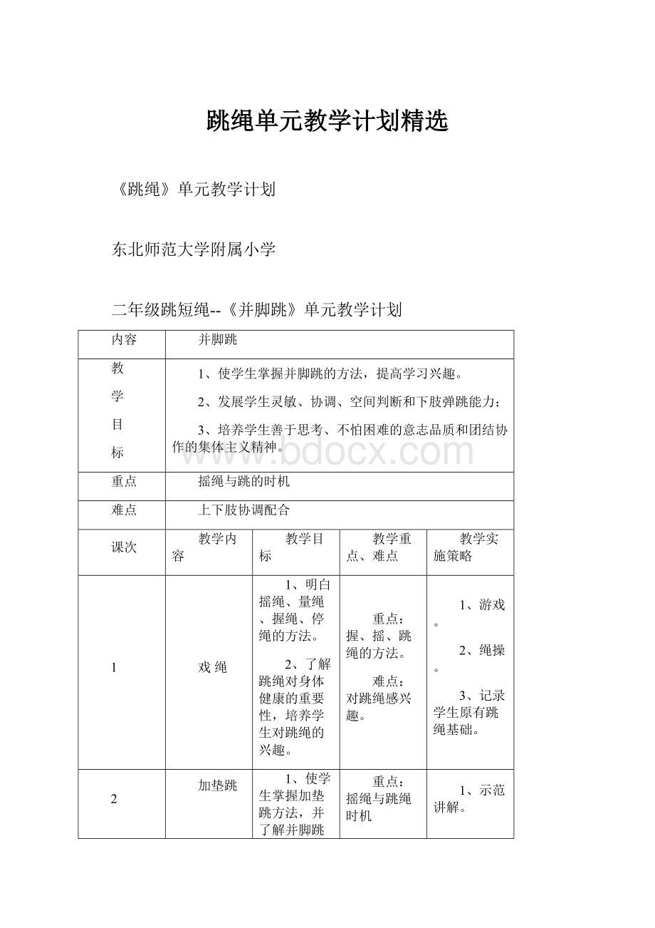 跳绳单元教学计划精选.docx