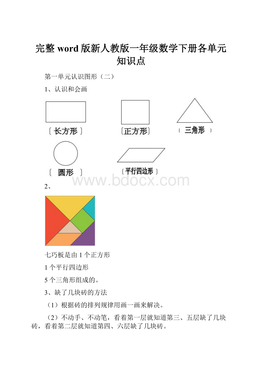 完整word版新人教版一年级数学下册各单元知识点.docx