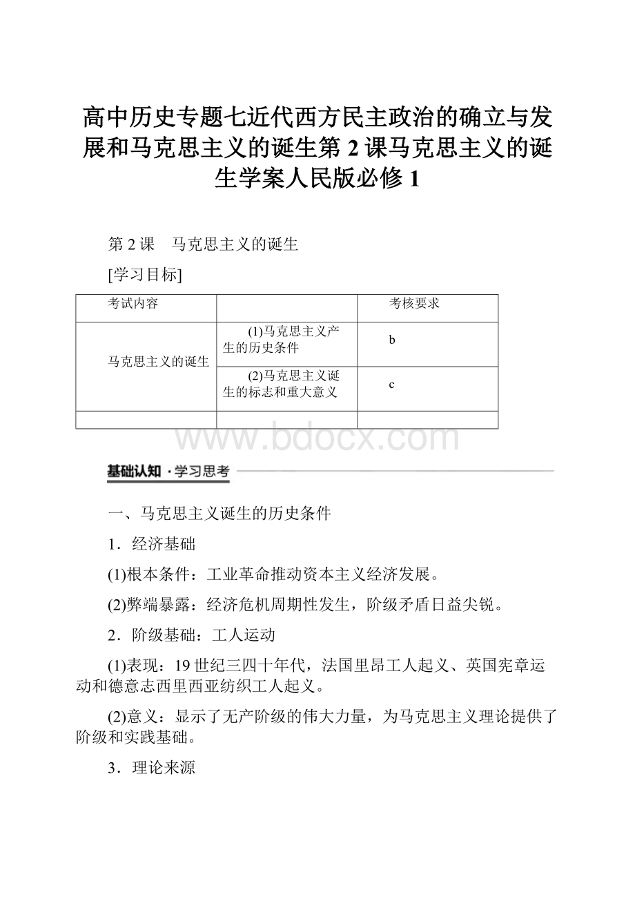 高中历史专题七近代西方民主政治的确立与发展和马克思主义的诞生第2课马克思主义的诞生学案人民版必修1.docx