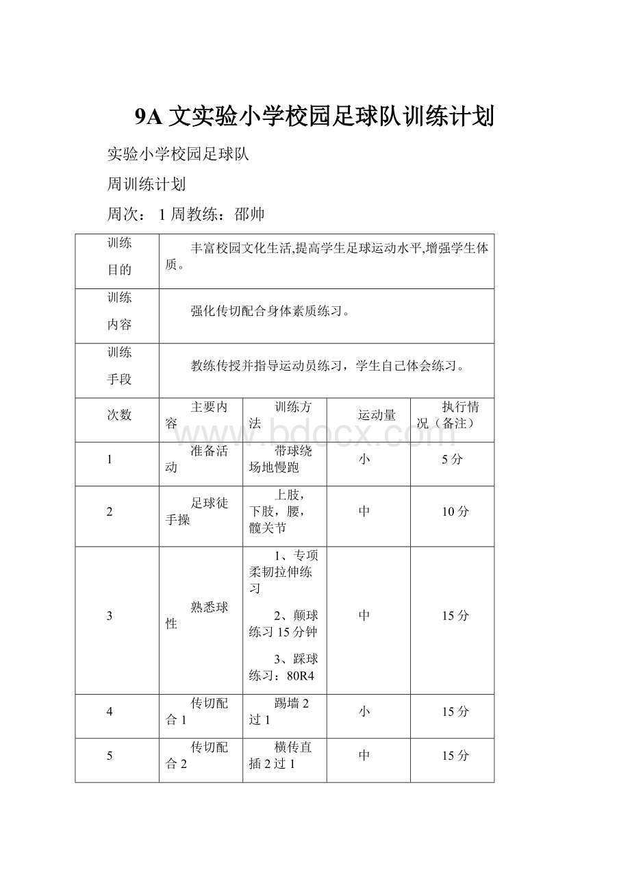 9A文实验小学校园足球队训练计划.docx