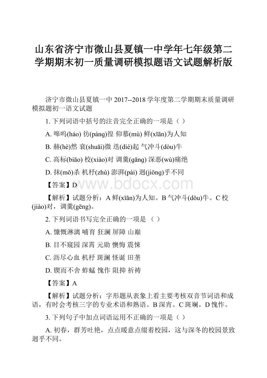 山东省济宁市微山县夏镇一中学年七年级第二学期期末初一质量调研模拟题语文试题解析版.docx_第1页