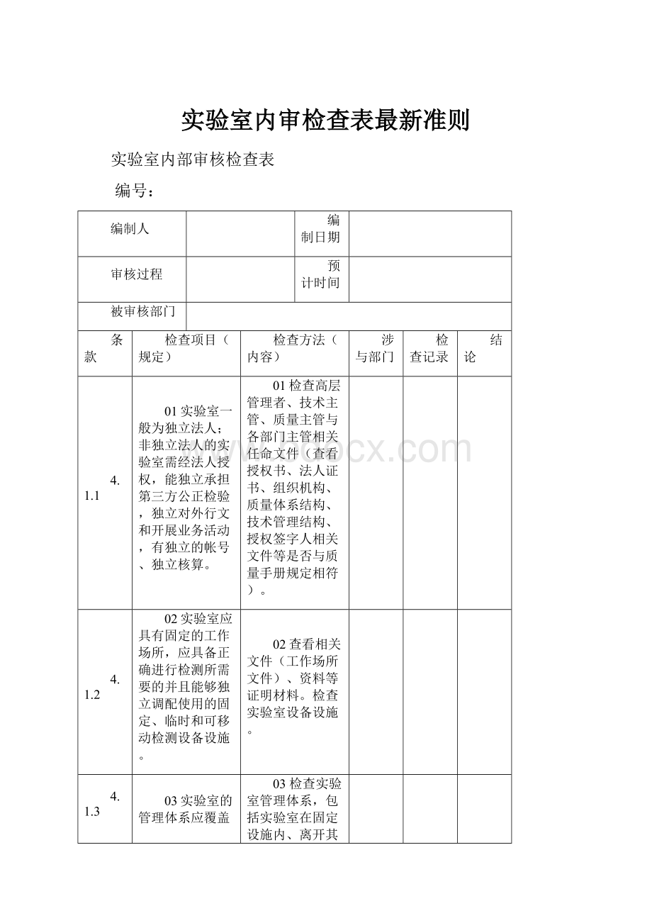 实验室内审检查表最新准则.docx